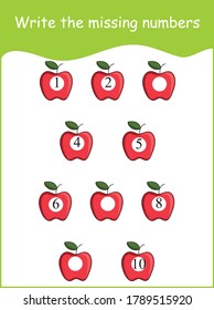 write missing numbers,apple vector illustration,kindergarten practice pages,mathematics games,educational worksheet