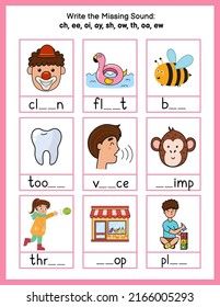 Write The Missing Sounds Phonics Worksheet. Choose The Correct Spelling Rule For Words. Activity Page For Kids. Vector Illustration