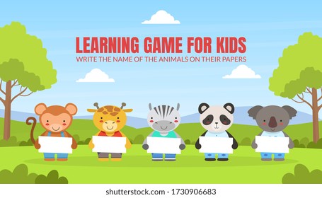 Write the Name of the Animals on their Papers, Learning Educational Game for Preschool Kids Vector Illustration