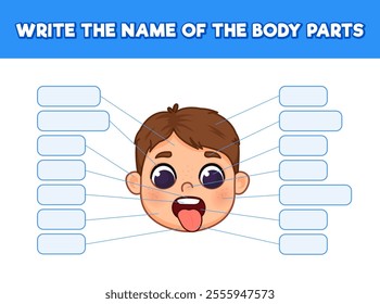 Write the name of the body parts. Anatomy of a boy's head. Parts of the face without names. Cute cartoon style illustration. Children's game.