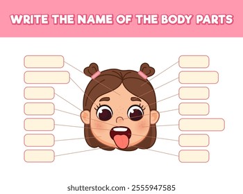 Write the name of the body parts. Anatomy of a girl's head. Parts of the face without names. Cute cartoon style illustration. Children's game.