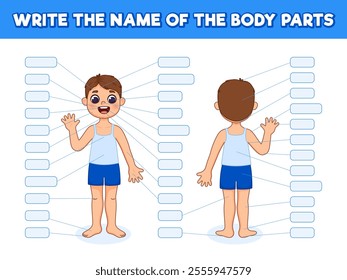 Write the name of the body parts. Boy anatomy. Body parts without names. Cute cartoon illustration. Children's game.