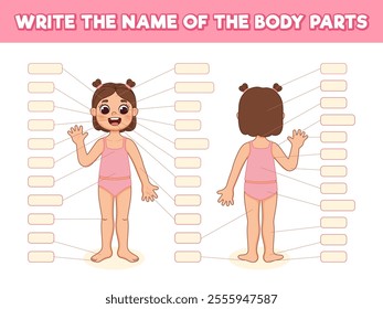 Write the name of the body parts. Girl anatomy. Body parts without names. Cute cartoon illustration. Children's game.