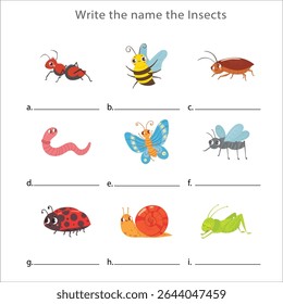 Write the name of Insects Game for Preschool Children. Cute insects for preschool children. Educational printable game cards with images using funny insect animals for kids. Vector illustration. 69