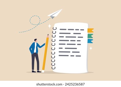 Write note or message on notebook paper, writing document, memo or lecture, record information, diary or article concept, business man holding pencil writing message on notebook paper.