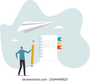 Write note or message on notebook paper, writing document, memo or lecture, record information, diary or article.business concept.flat character.