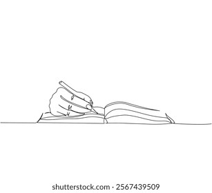 Write in a notebook, take notes, book, textbook one line art. Continuous line drawing of online learning, knowledge, cognition, science, student life, knowledge, school, education.