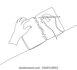 Write in a notebook, take notes, book, textbook one line art. Continuous line drawing of online learning, knowledge, cognition, science, student life, knowledge, school, education.