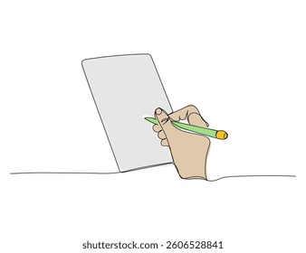 Write in a notebook, take notes, book, textbook one line color art. Continuous line drawing of online learning, knowledge, cognition, science, student life, knowledge, school, education.