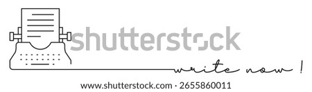 Write now one line icon with caption. Writer, typewriter with a sheet of paper, creativity, script or book. Continuous line drawing style. Vector illustration isolated on white background.