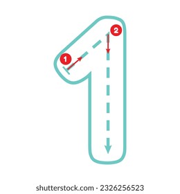 Write number one with tracing guide. Outline number. Preschool worksheet for kids exercise. Education maths page