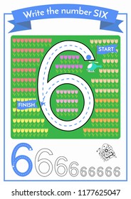 Write the number six. Number tracing worksheet for preschoolers