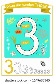 Write the number three. Number tracing worksheet for preschoolers. Format A4.