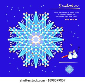 Write the numbers in circles so that each straight line has different signs from 1 to 5. Logic puzzle game in snowflake. Brain teaser book for kids. Play online. Memory training for seniors.
