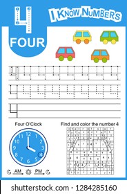Write numbers four. Kids learn to count worksheet. Children educational game for numbers and clock learn. Kids background with vehicles. Vector illustration.