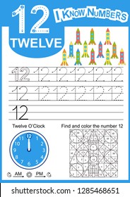 Write numbers twelve. Kids learn to count worksheet. Children educational game for numbers and clock learn. Kids background with vehicles. Vector illustration.