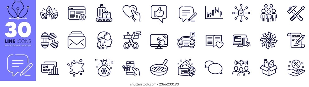Paquete de iconos de línea de correo, pago en línea y escritura. Personal médico, Versatile, icono de la web Educación. Porcentaje de préstamos, Messenger, pictograma de personas del grupo. Como, Organic probado, Insomnia. Tarjeta. Vector