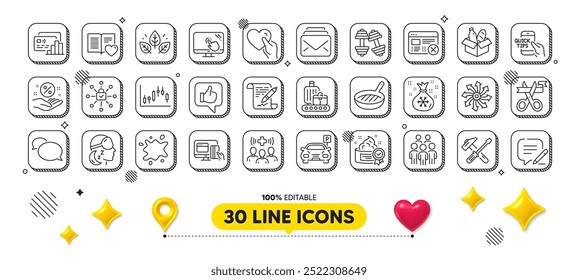 Write, Online payment and Mail line icons pack. 3d design elements. Medical staff, Versatile, Education web icon. Loan percent, Messenger, Group people pictogram. Vector