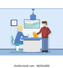Write out pet cured. Healthy pets. Grateful owners. Flat vector illustration