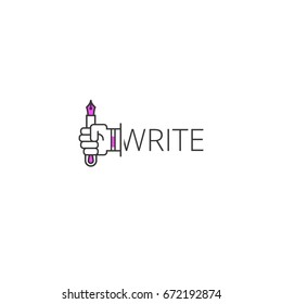 Write Outline Logo Icon. Hand Holding Feather Pen Symbol. Vector Logotype Applicable For Poetry, Storytelling, Writing, Script, Calligraphy