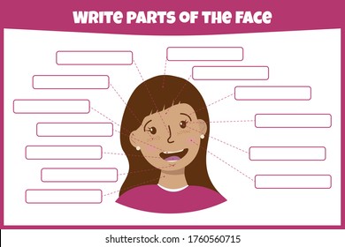 Write parts of the face. Think and write. Learning words. Education worksheet. Activity page for study English. Education game for children. Isolated vector illustration. Cartoon style.