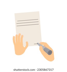 Escribe con un bolígrafo. Firma del contrato a mano en papel blanco, ilustración vectorial