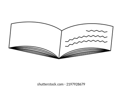 Write in a personal diary. View from above. Sketch. Vector illustration. An open notebook for notes with zigzag inscriptions on the sheets. Doodle style. Outline on isolated background. Coloring book