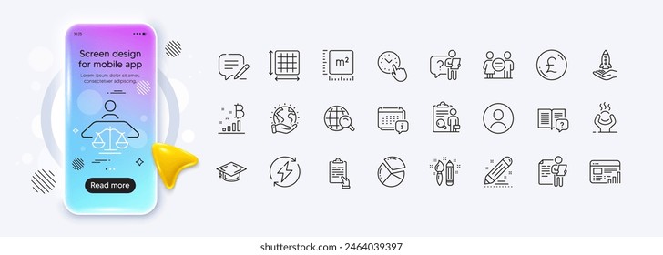 Write, Pound money and Job interview line icons for web app. Phone mockup gradient screen. Pack of Court judge, Square meter, Headshot pictogram icons. Vector