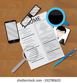 Write resume and look for job. Job interview and job search, curriculum vitae writing interview. Vector illustration
