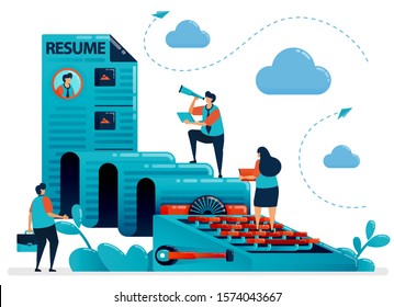 Write a resume, personal profile, cv to apply for job. Jobseekers for  typewriter. Recruitment agency business. We're hiring employee. Vector illustration for business card, banner, brochure, flyer