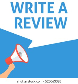 WRITE A REVIEW Announcement. Hand Holding Megaphone With Speech Bubble. Flat Illustration