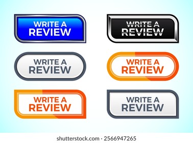 Write A Review button set of different shapes and colors. Suitable for mobile app, and website UI design.