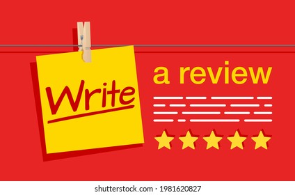 Write a Review - motivation banner for client or byer. Note paper hung on a clothespin with positive 5 stars rating. Vector illustration