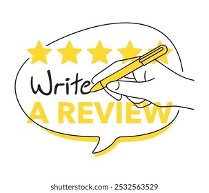 Write a Review - motivation for client or byer - human hand writing a review text with positive 5 stars rating - vector button. Vector illustration in drawn doodle style