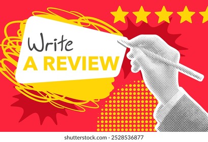 Schreiben Sie eine Rezension - Motivation für Kunden oder - menschliche Hand Schreiben einer Rezension Text mit positiven 5 Sterne Bewertung. Vektorposter im Pop-Art-Stil, gelbe und rote Farben