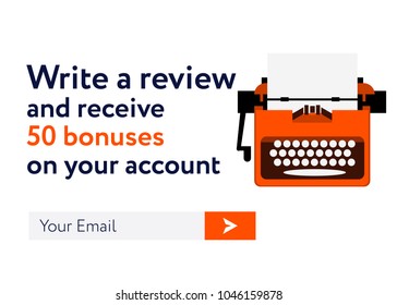Write a review and receive bonuses on yoyr account web form. Flat Style Vector Illustration UI UX Design with Text Box and Subscribe Button Template. Pop Up template for leaving feedback. 
