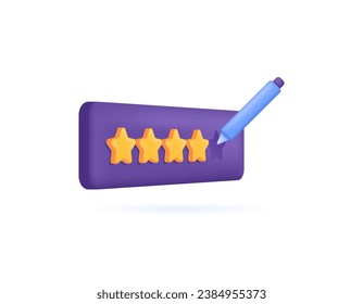 Write a review, survey, rating, or customer feedback. The client, buyer, or customer gives a 4-star rating. Illustration of a board with four stars and a pen. Minimalist 3D concept design. graphic
