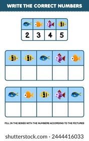 Write the right numbers in the box according to the cute fish on the table pet worksheet