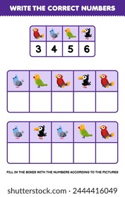 Write the right numbers in the box according to the cute bird on the table pet worksheet