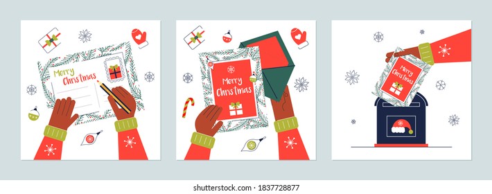 Write And Send The Chritmas Greeting Card Set. Xmas Postcard Envelope In The Mailbox. Christmas Letter For Santa's Concept. Winter Holiday Wishes. 