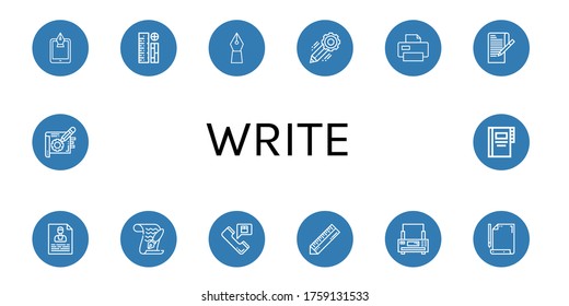 escribir iconos simples conjunto. Contiene iconos como Pluma de fuente, Reglas, Lápiz, Impresora, Papel, Contacto, Regla, Nota, Contactos, se pueden usar para web, móvil y logotipo