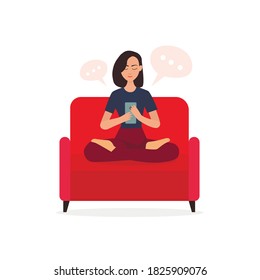 Write sms. Online communication. Text message. Girl writes a message. Flat vector concept