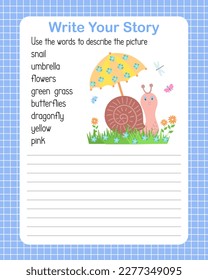 Write a story the English language grammar elementary level for kids, learning concept vector illustration, educational worksheet describe a picture using topical vocabulary words 