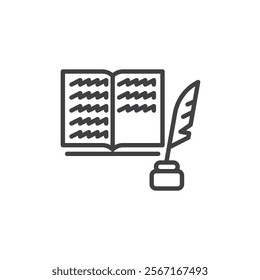 Write Story line icon. linear style sign for mobile concept and web design. Open book with ink bottle and quill pen outline vector icon. Symbol, logo illustration. Vector graphics