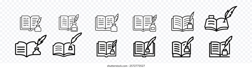 Write Story line icon. open book ink bottle icon, Open book with ink bottle and quill pen vector icon. creative black open book feather ink pen with bottle icon