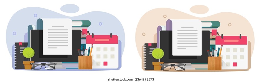 Write text content as essay blog on computer pc icon vector graphic illustration, editor reading book digital online review in deadline date, internet virtual study education concept, create document