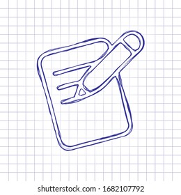 Write text, create or edit document, pencil and paper, outline design. Hand drawn picture on paper sheet. Blue ink, outline sketch style. Doodle on checkered background