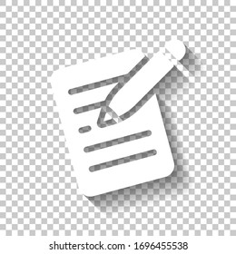 Write text, create or edit document, pencil and paper. White icon with shadow on transparent background