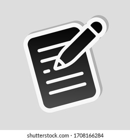 Write text, create or edit document, pencil and paper. Sticker style with white border and simple shadow on gray background