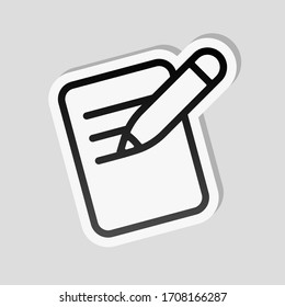 Write text, create or edit document, pencil and paper, outline design. Sticker style with white border and simple shadow on gray background